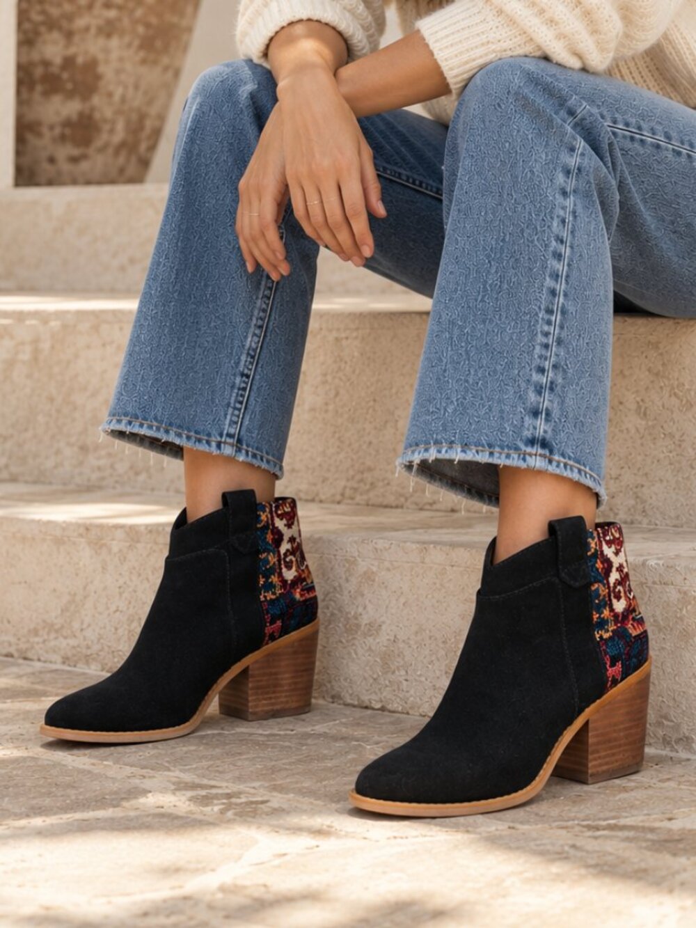 toms constance black suede tapestry ankle boots block heel size 8